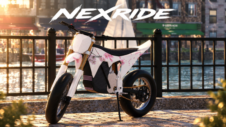 Official NexRide white bike with pink floral details